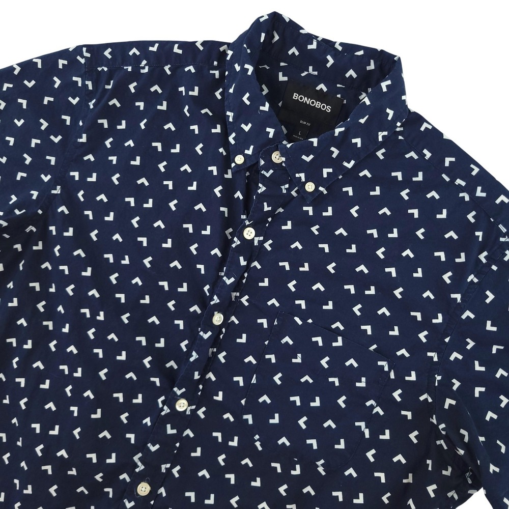 Bonobos Shirt Mens L Blue Geometric Short Sleeve Button Down Slim Fit Casual